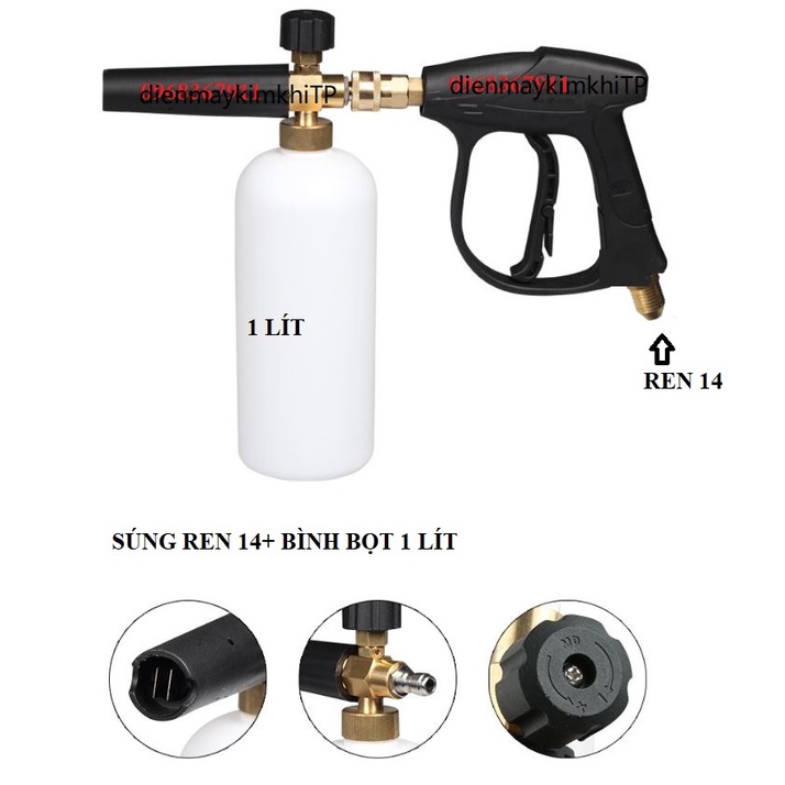 Bộ súng xịt rửa và bình tạo bọt tuyết kèm bộ khớp nối nhanh ren 14mm cho máy rửa xe áp lực cao,máy phun xịt áp lực cao