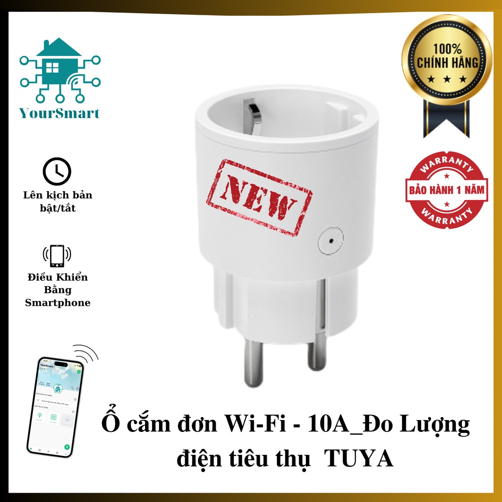 Ổ cắm đơn Wi-Fi TUYA 10A - Đo lượng điện tiêu thụ - Hẹn giờ bật – tắt, Điều khiển bằng giọng nói - BH 12 Tháng