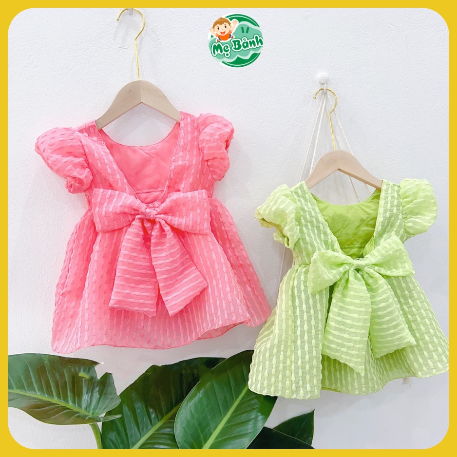 Váy bé gái dáng xòe tay bồng chất xốp mềm lên form chuẩn, Váy công chúa thắt nơ lưng cách điệu