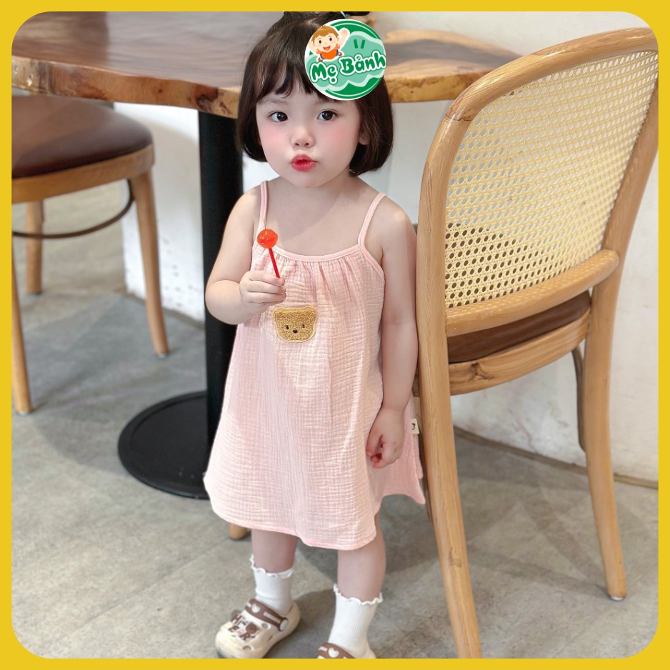 Váy 2 dây cho bé gái vải Xô Muslin mềm mịn, Đầm hai dây bé gái in hình gấu dễ thương thoáng mát mùa hè