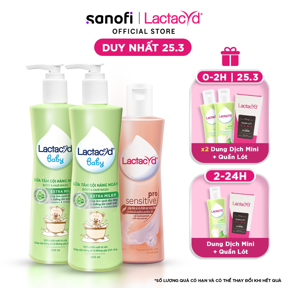 Bộ 2 Sữa Tắm Gội Trẻ Em Lactacyd Baby Extra Milky 500ml + 1 Dung Dịch Vệ Sinh Pro Sensitive 250ml