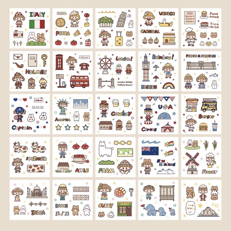 Set 100 tấm sticker/nhãn dán VÒNG QUANH THẾ GIỚI dễ thương chất liệu PET PVC chống thấm nước