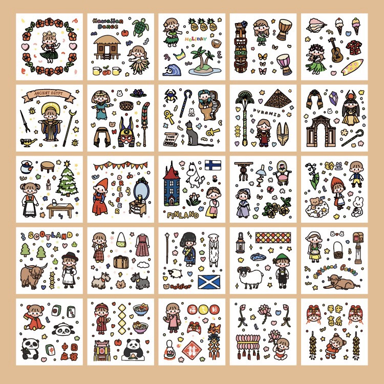 Set 100 tấm sticker/nhãn dán VÒNG QUANH THẾ GIỚI dễ thương chất liệu PET PVC chống thấm nước