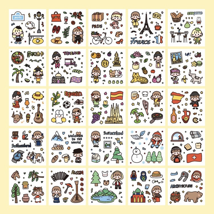 Set 100 tấm sticker/nhãn dán VÒNG QUANH THẾ GIỚI dễ thương chất liệu PET PVC chống thấm nước