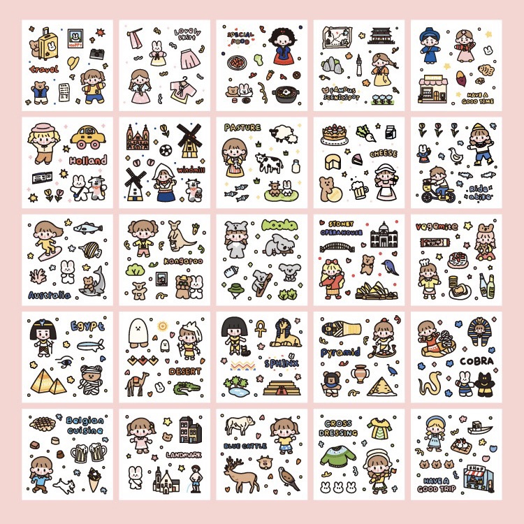 Set 100 tấm sticker/nhãn dán VÒNG QUANH THẾ GIỚI dễ thương chất liệu PET PVC chống thấm nước