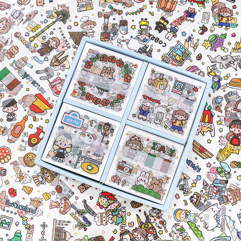 Set 100 tấm sticker/nhãn dán VÒNG QUANH THẾ GIỚI dễ thương chất liệu PET PVC chống thấm nước