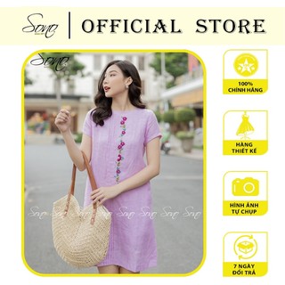 Sono - đầm chất liệu linen suông hàng thiết kế họa tiết thêu hoa dọc