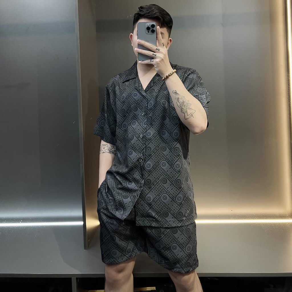 set bộ quần áo nam họa tiết màu đen VT