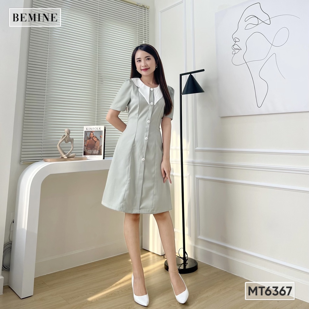 Đầm công sở cổ tròn đính nút ngắn tay BEMINE MT6367