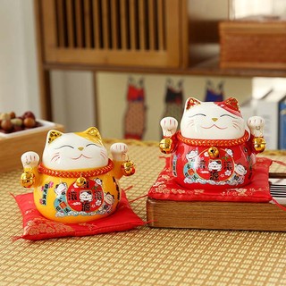Mèo thần tài may mắn 14cm /10cm Tài lộc như ý, mèo chiêu tài gốm sứ có khe tiết kiệm