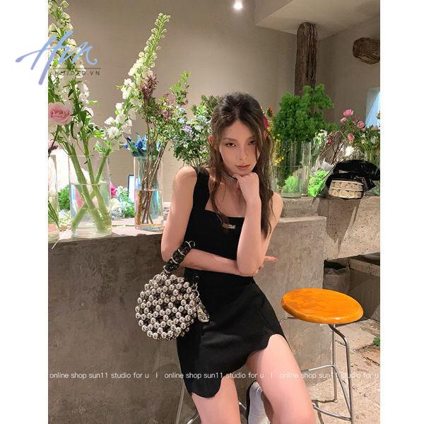 Đầm Đen Mùa Hè 2022 Dáng Mỏng Eo Cao Có Dây Buộc Phong Cách Pháp Cho Nữ