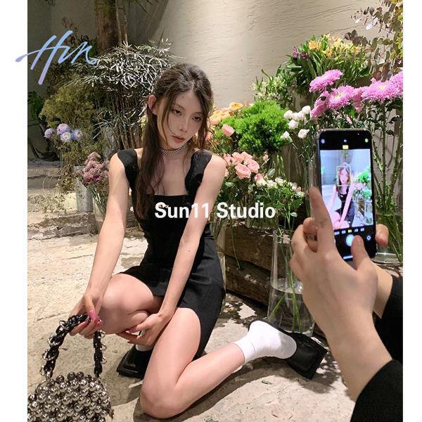 Đầm Đen Mùa Hè 2022 Dáng Mỏng Eo Cao Có Dây Buộc Phong Cách Pháp Cho Nữ