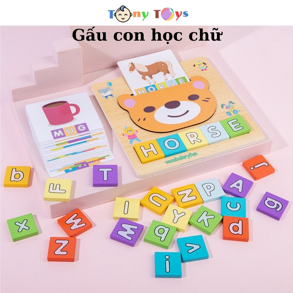 Đồ chơi giáo dục gấu học chữ tiếng Anh 2 trong 1,vừa học chữ vừa chơi trò chơi chất liệu gỗ thân thiện với bé
