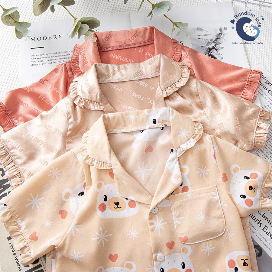 Bộ Ngủ Pyjamas Lụa Satin Ngắn Tay Cao Cấp Random Kids Cho Bé Gái