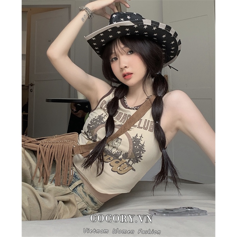 Cocory vn Áo Crop top Ôm Dáng Vừa Vặn In Họa Tiết Retro Mỹ Dễ Phối Đồ Cho Nữ