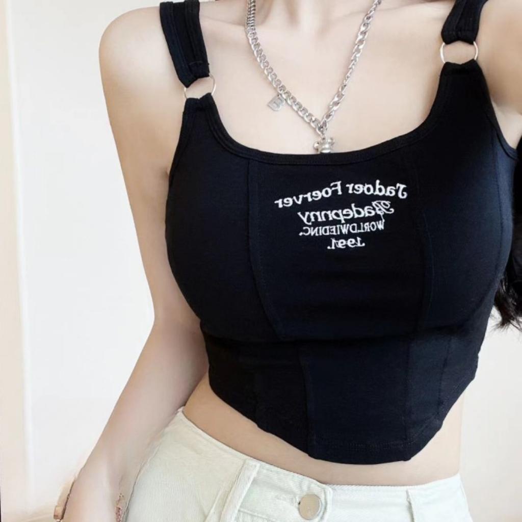 Áo 2 dây nữ GenY cổ vuông thêu chữ ôm dáng phối khoen tròn ở dây, Áo croptop 2 dây nữ ôm body vạt bầu siêu tôn dáng-2D9- | BigBuy360 - bigbuy360.vn