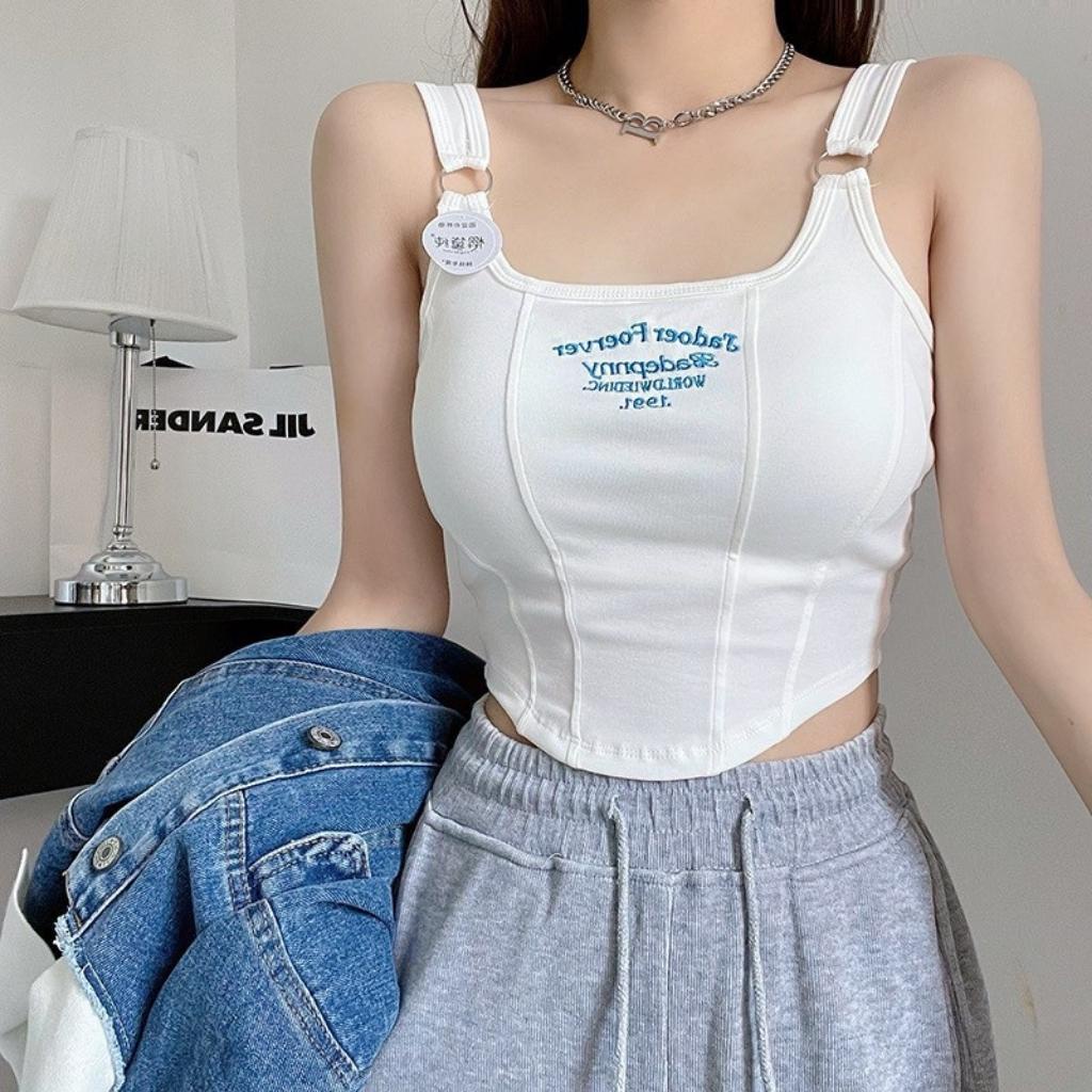 Áo 2 dây nữ GenY cổ vuông thêu chữ ôm dáng phối khoen tròn ở dây, Áo croptop 2 dây nữ ôm body vạt bầu siêu tôn dáng-2D9- | BigBuy360 - bigbuy360.vn