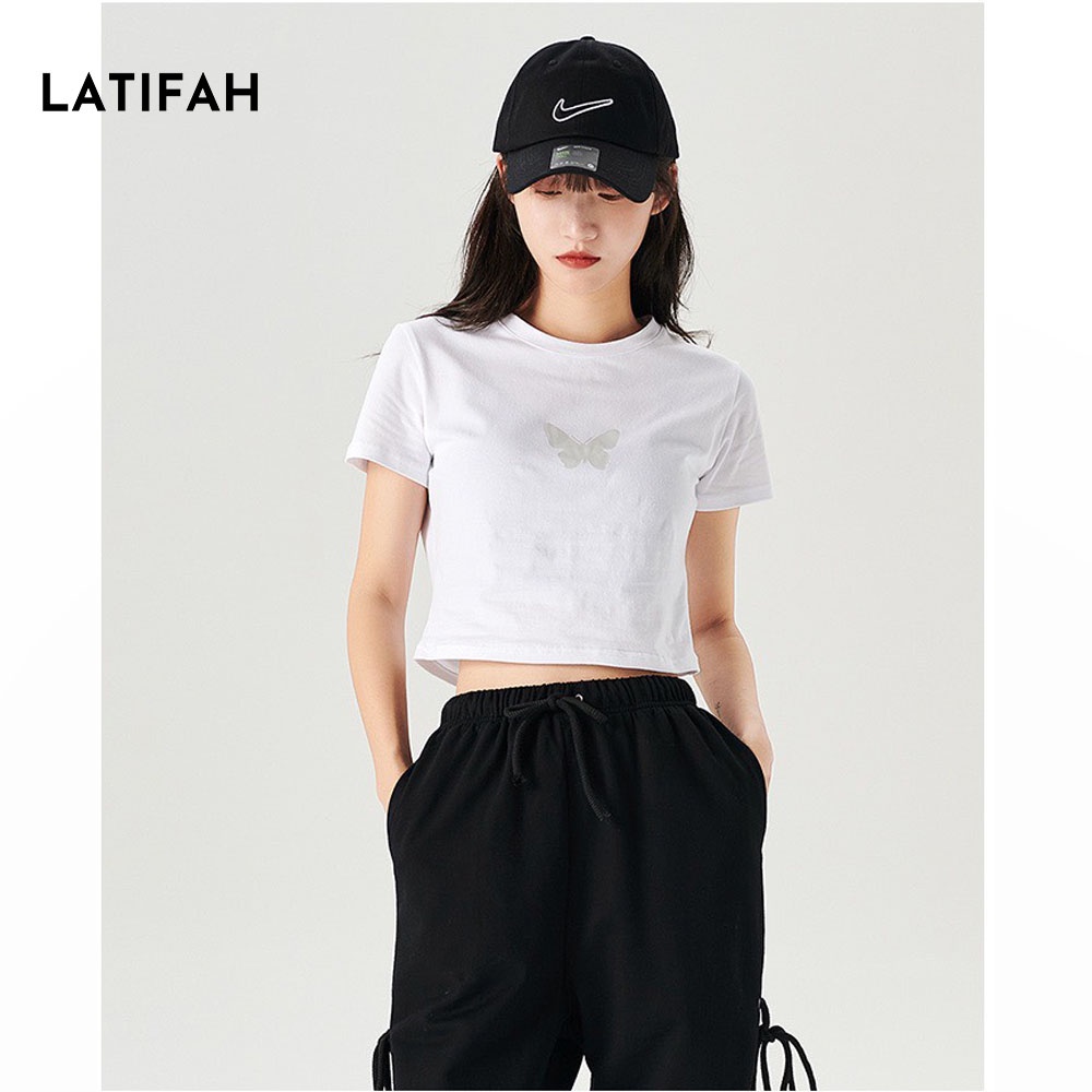 Áo thun croptop tay lỡ Latifah in hình con Bướm AT011 thun co giãn 4 chiều