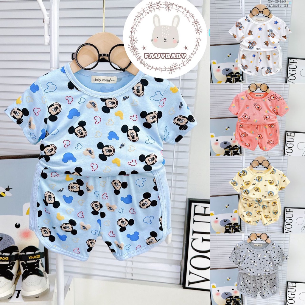 Đồ Bộ MINKY MOM Chính Hãng Cộc Tay Bé Trai Bé Gái Thun Lạnh 1 2 3 4 5 6 Tuổi Hình in Toàn Thân Động Vật Cute - Favybaby