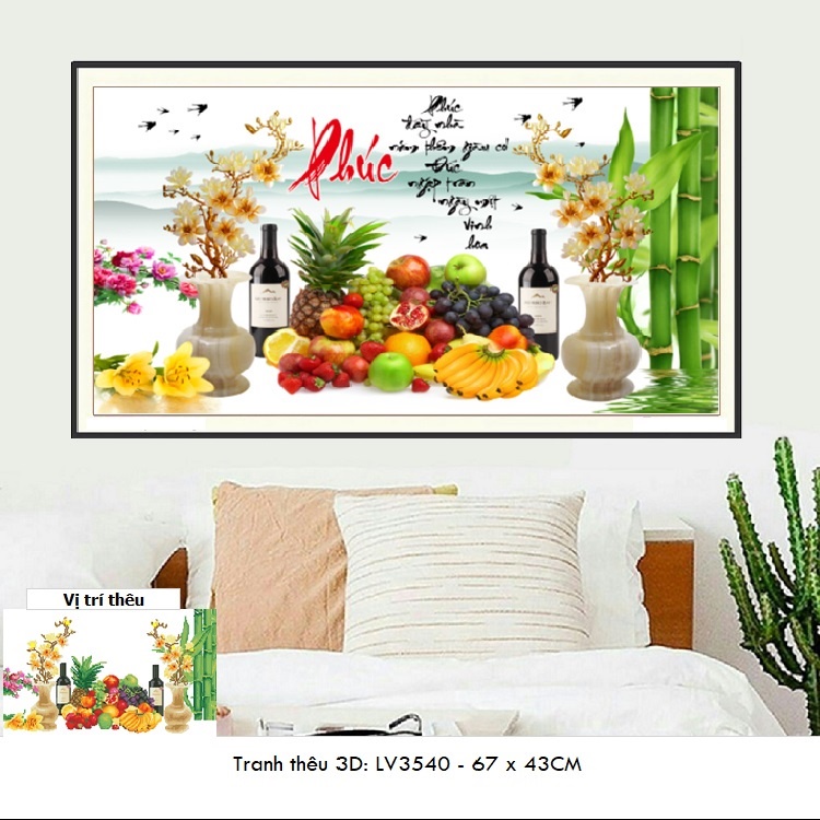 Tranh thêu chữ thập Hoa Quả LV3540 - Tranh thêu 3D chữ Phúc