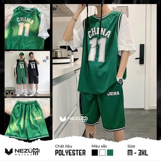 (Sẵn đen, xanh lá, trắng) Set bộ thể thao bóng rổ China 11 unisex nam nữ (Áo phông tay lỡ + Quần short đùi)