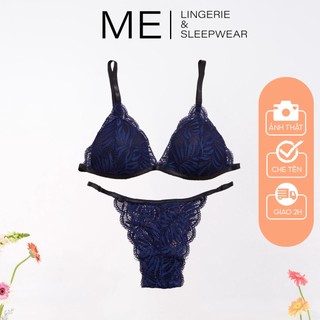 Bộ đồ lót ren nữ áo ren xanh coban không gọng mút mỏng 0.5cm quần dây có tăng đơ điều chỉnh Me lingerie & Sleepwear