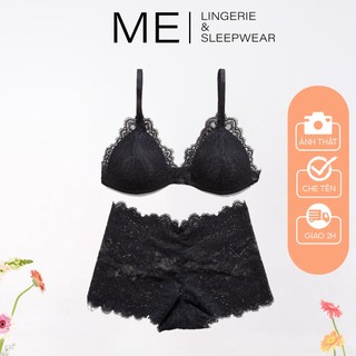 Bộ đồ lót ren nữ áo bra không gọng mút mỏng quần boxer đen viền ren mí gợi cảm Me Lingerie & Sleep wear