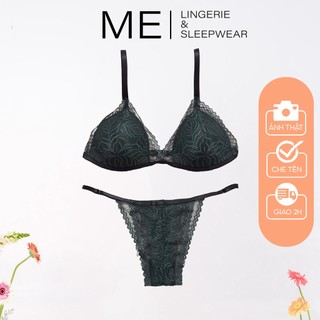 Bộ đồ lót nữ áo bra ren không gọng mút mỏng quần dây màu xanh rêu gợi cảm Me lingerie & Sleep wear