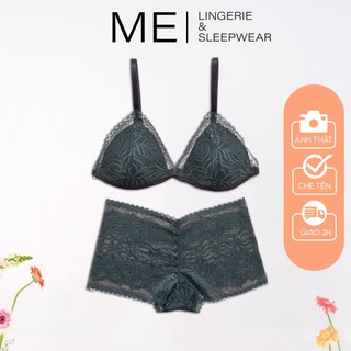 Bộ đồ lót ren nữ áo không gọng mút mỏng 0.5cm quần boxer xanh rêu sang trọng gợi cảm thoải mái Me lingerie & Sleep wear