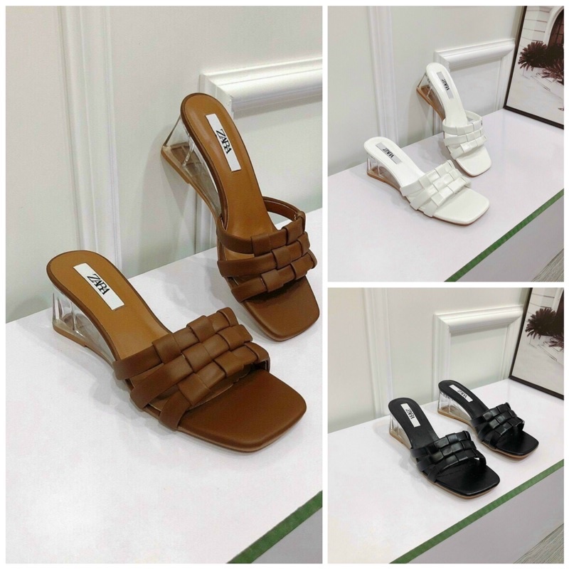 Guốc xuồng nữ  dép cao gót trong mica cao 5cm quai ngang Đan