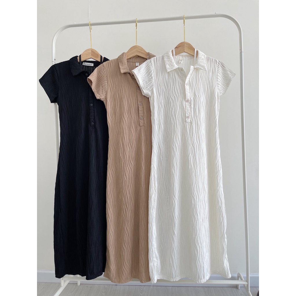 Váy polo sóng nhăn 037 Chiếc Váy Form Dài Hoạ Tiết Sóng Nhăn Basic