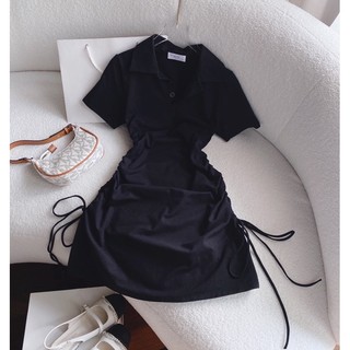 ĐẦM ĐEN CỔ POLO RÚT DÂY HÔNG 🖤