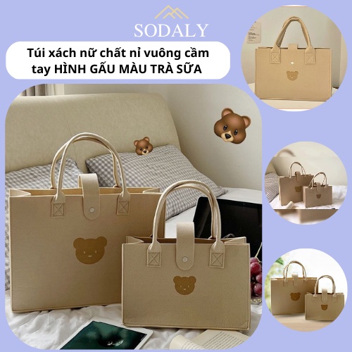 Túi xách nữ chất nỉ vuông cầm tay HÌNH GẤU MÀU TRÀ SỮA SODALY siêu cute