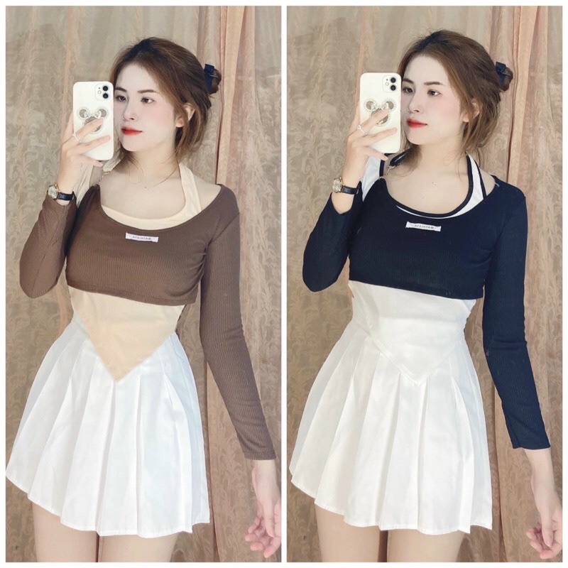 ÁO TAY DÀI NỮ CROPTOP VẠT BẦU CỔ U, áo croptop kiểu tay dài