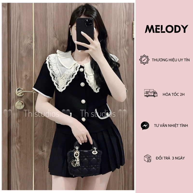 Set Áo Pha Cổ Ren Tầng Tiểu Thư Dáng Croptop Mix Chân Váy Xếp Ly Xòe Ngắn Sang Chảnh
