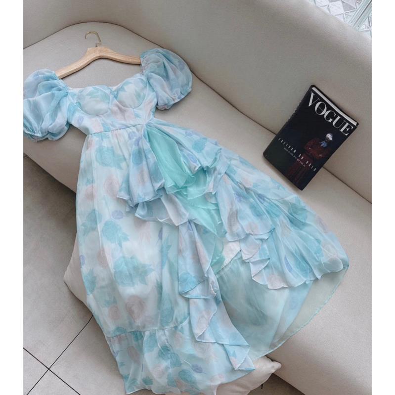Đầm maxi hoa voan cup ngực tay bồng xẻ tà