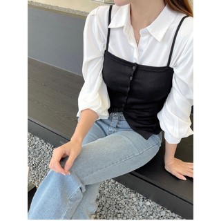 Áo 2 Dây, Có Nút Ngực, Xẻ Tà