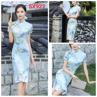Sx922 sườn xám lụa hoa dáng lỡ sang trọng