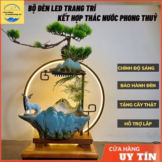 Thác nước phong thủy{ KÈM CÂY THẬT} thác khói trầm hương có đài phun nước tự động kèm đèn LED  đem lại may mắn tài lộc