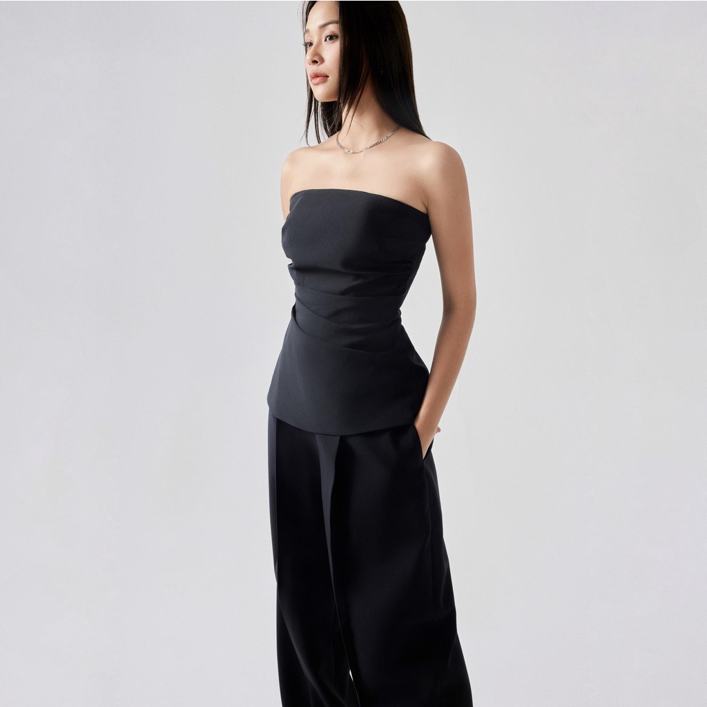 REINA - ÁO Strapless top - Reina Pleated Wide-leg Denim Pants