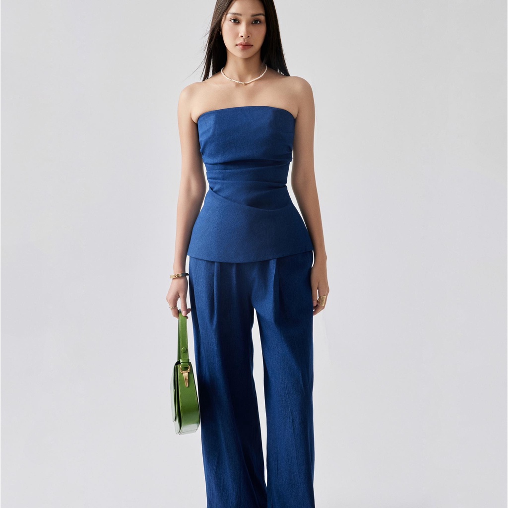REINA - ÁO Strapless top - Reina Pleated Wide-leg Denim Pants