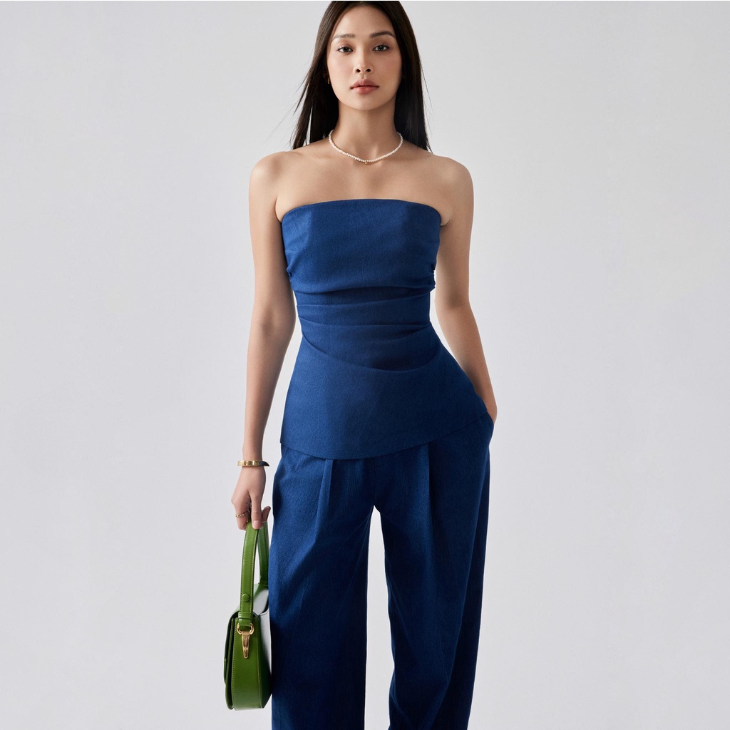 REINA - ÁO Strapless top - Reina Pleated Wide-leg Denim Pants