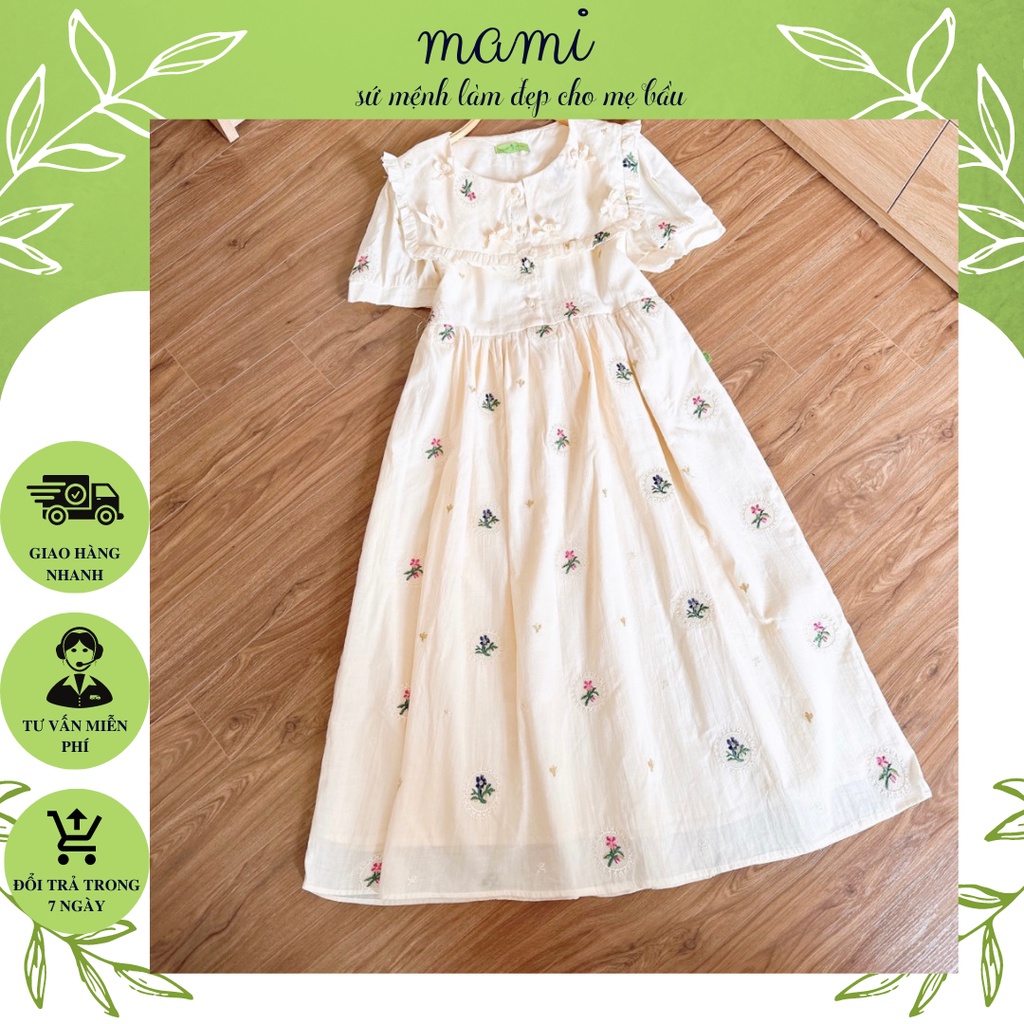 Váy bầu, đầm bầu thiết kế Mami màu Nude hoa thêu dáng chữ A tiểu thư đi chơi, du lịch công sở size 40-80kg