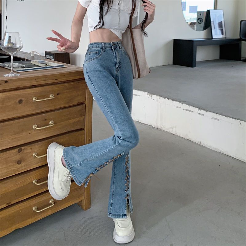 Quần Jean Ống Loe Lưng Cao Cột Dây Màu Sáng Thời Trang Mùa Hè Hàng Mới 2023 Dành Cho Bạn Nữ