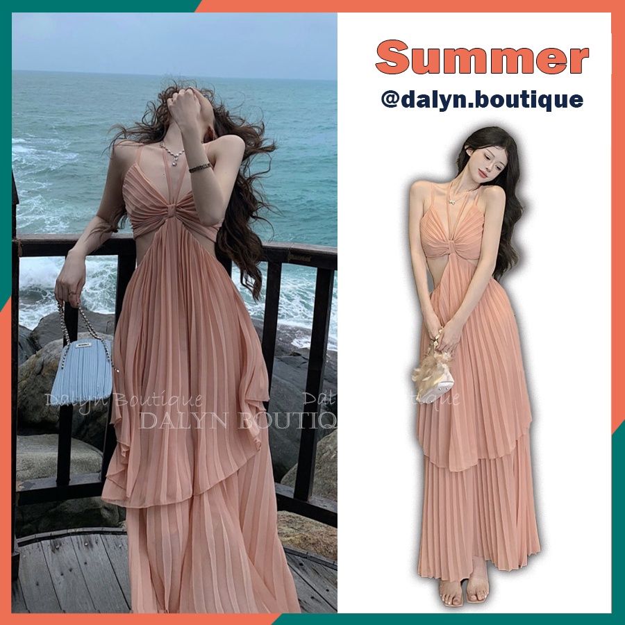 Váy Đầm Maxi 2 Dây Dáng Xòe Xếp Li Khoét Eo Hở Lưng Đi Biển, Du Lịch Sexy - Hàng Quảng Châu Dalyn