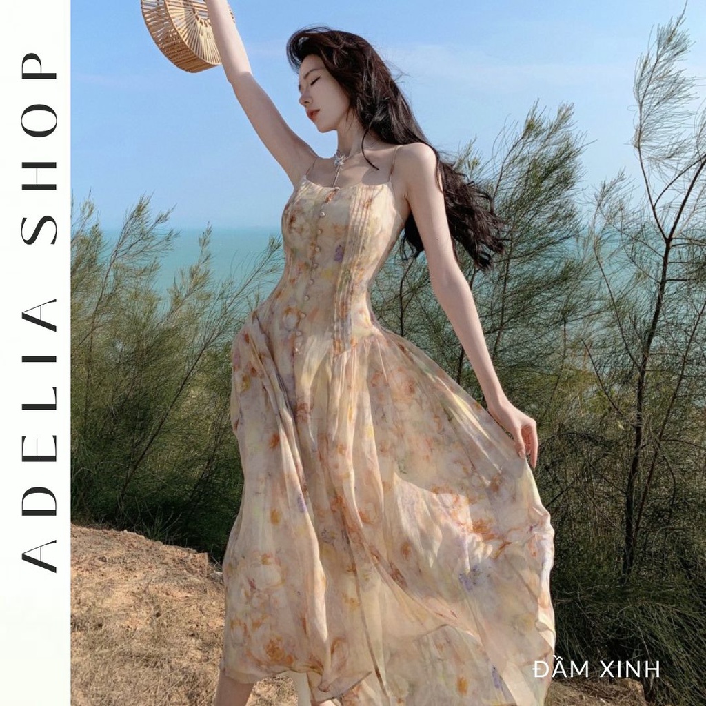 Sẵn -「ADELIA」Đầm Tiểu Thư 2 Dây Dáng Dài Họa Tiết Hoa Hồng Chất Voan 2 Lớp Mềm Mịn Hàng Quảng Châu