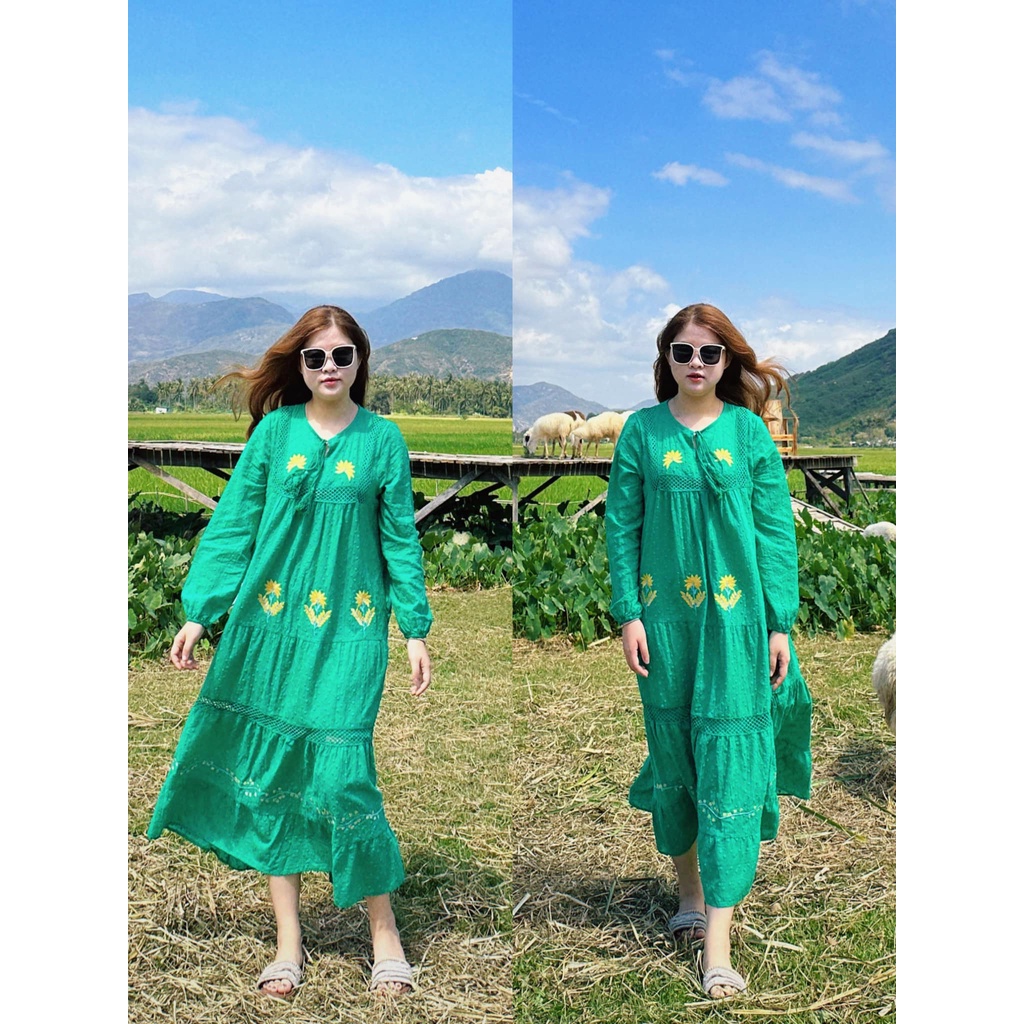 Váy maxi đi biển vải xô thêu hoa vàng