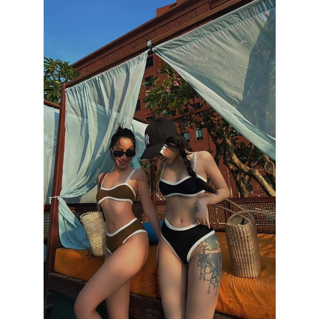 Bikini áo quây viền trắng Mai Phương Bùi quần cạp cao sang chảnh R17 | BigBuy360 - bigbuy360.vn