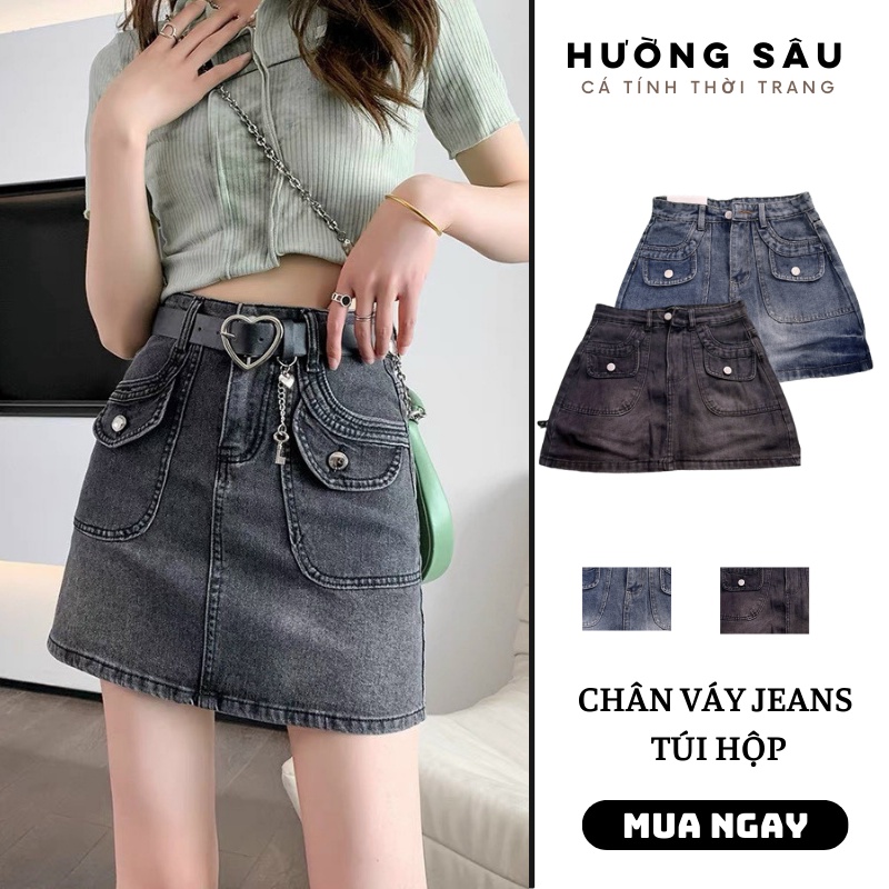 Chân váy jean Túi Hộp dáng ngắn kèm quần trong chất bò dày dặn cạp cao tôn dáng Hường Sâu Shop