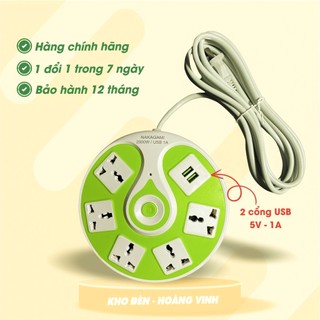 Ổ cắm điện tròn 5 lỗ 2 usb dây 3m, ổ cắm điện đa năng, ổ cắm nakagami, cổng sạc usb 5v